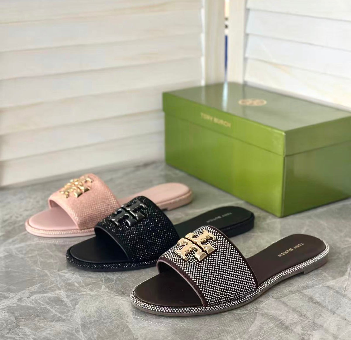 Tory Burch Ines Crystal Embellished Slide Sandals Double T Logo