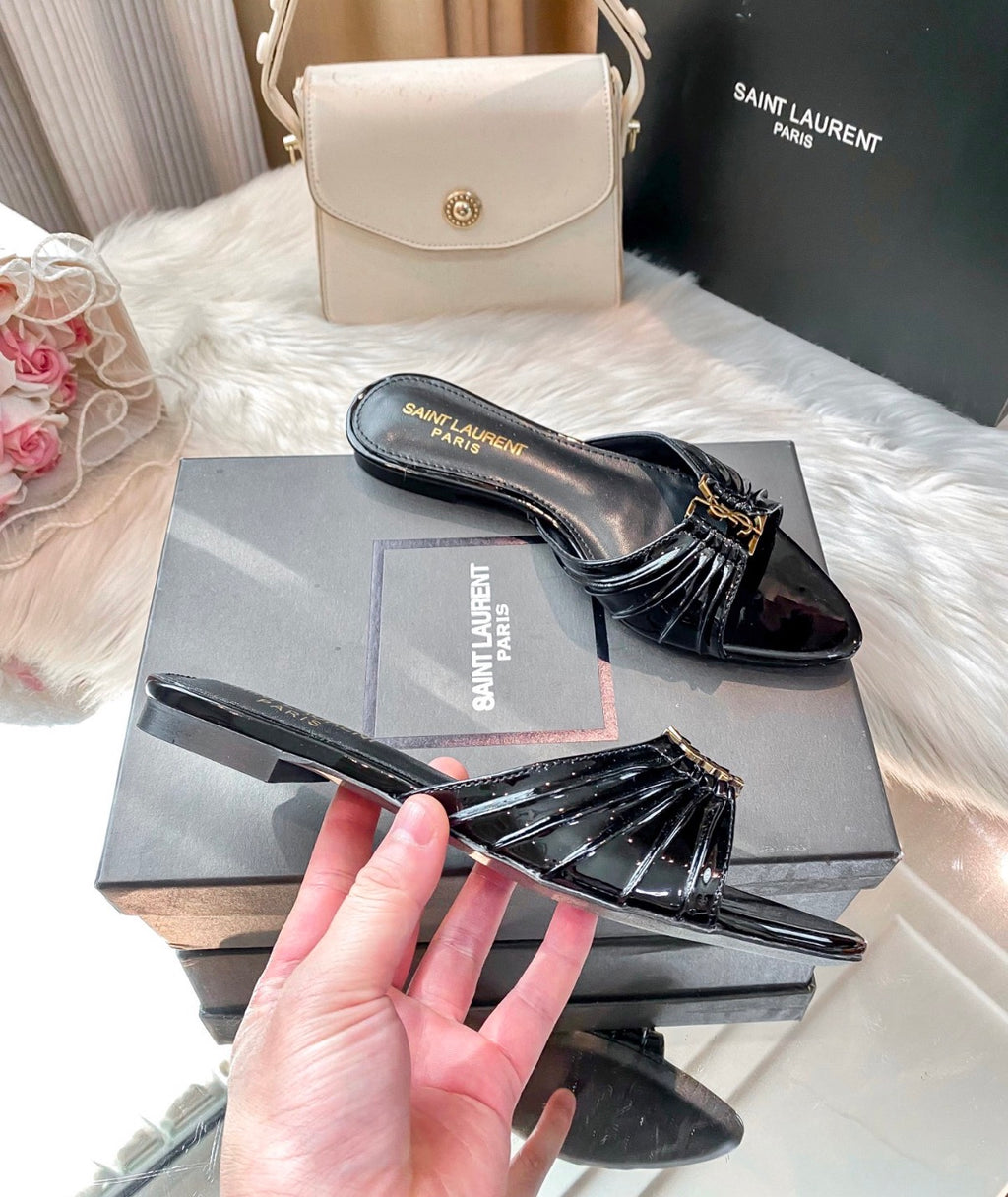 Saint Laurent YSL Women's Flat Slide Sandals Patent Leather