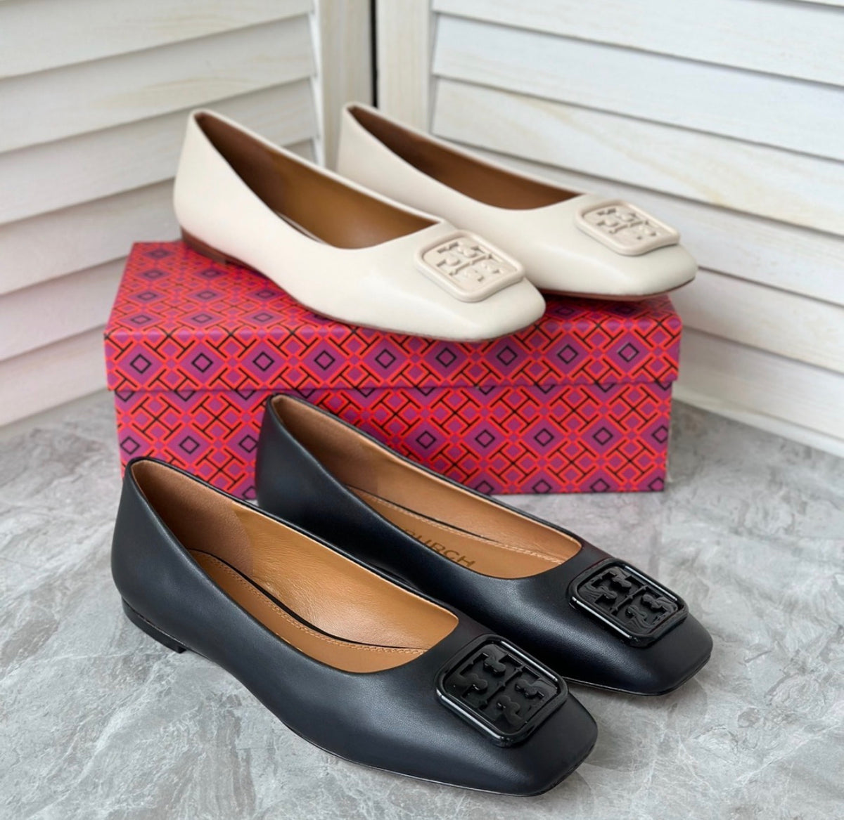 Tory Burch Georgia Square-Toe Ballet Flats Leather Logo Plaque