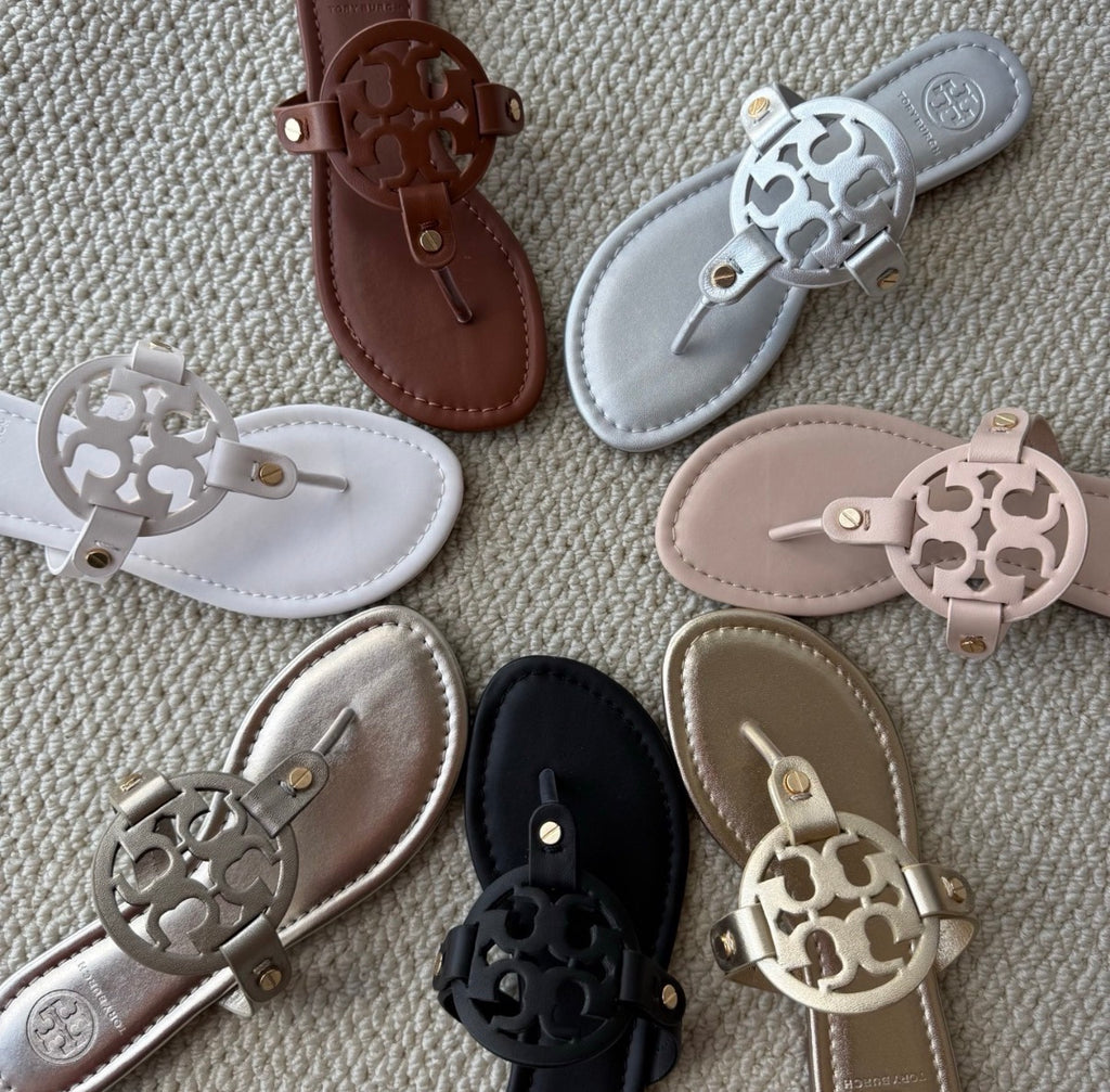 Tory Burch Miller Leather Thong Sandals Cutout Double T Logo