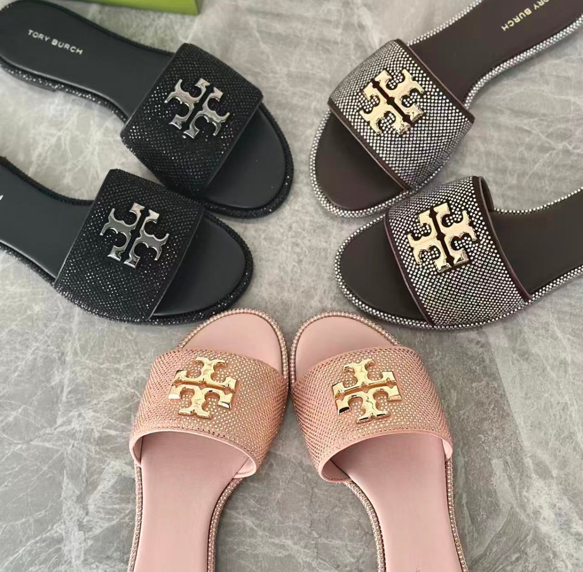 Tory Burch Ines Crystal Embellished Slide Sandals Double T Logo