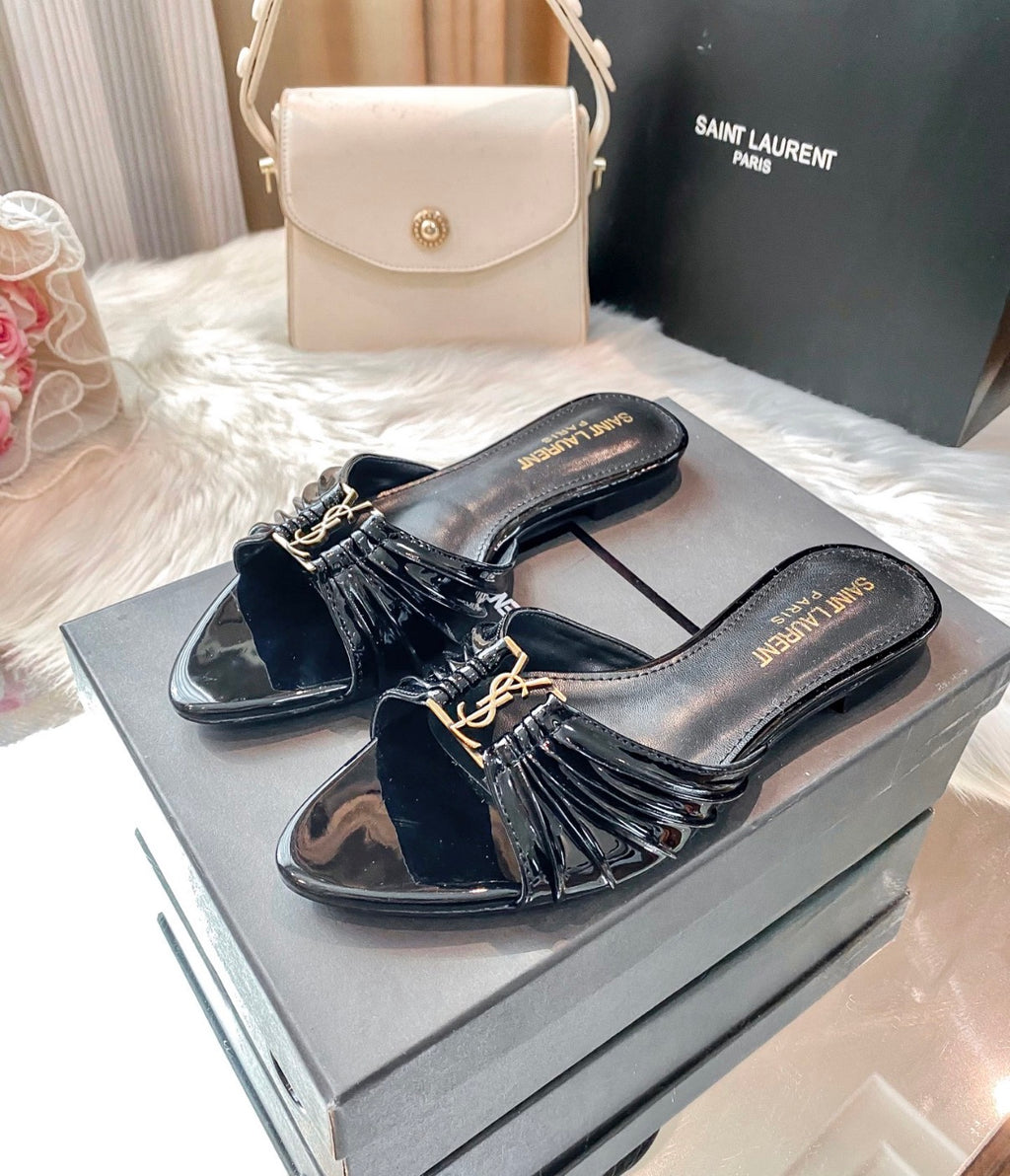 Saint Laurent YSL Women's Flat Slide Sandals Patent Leather