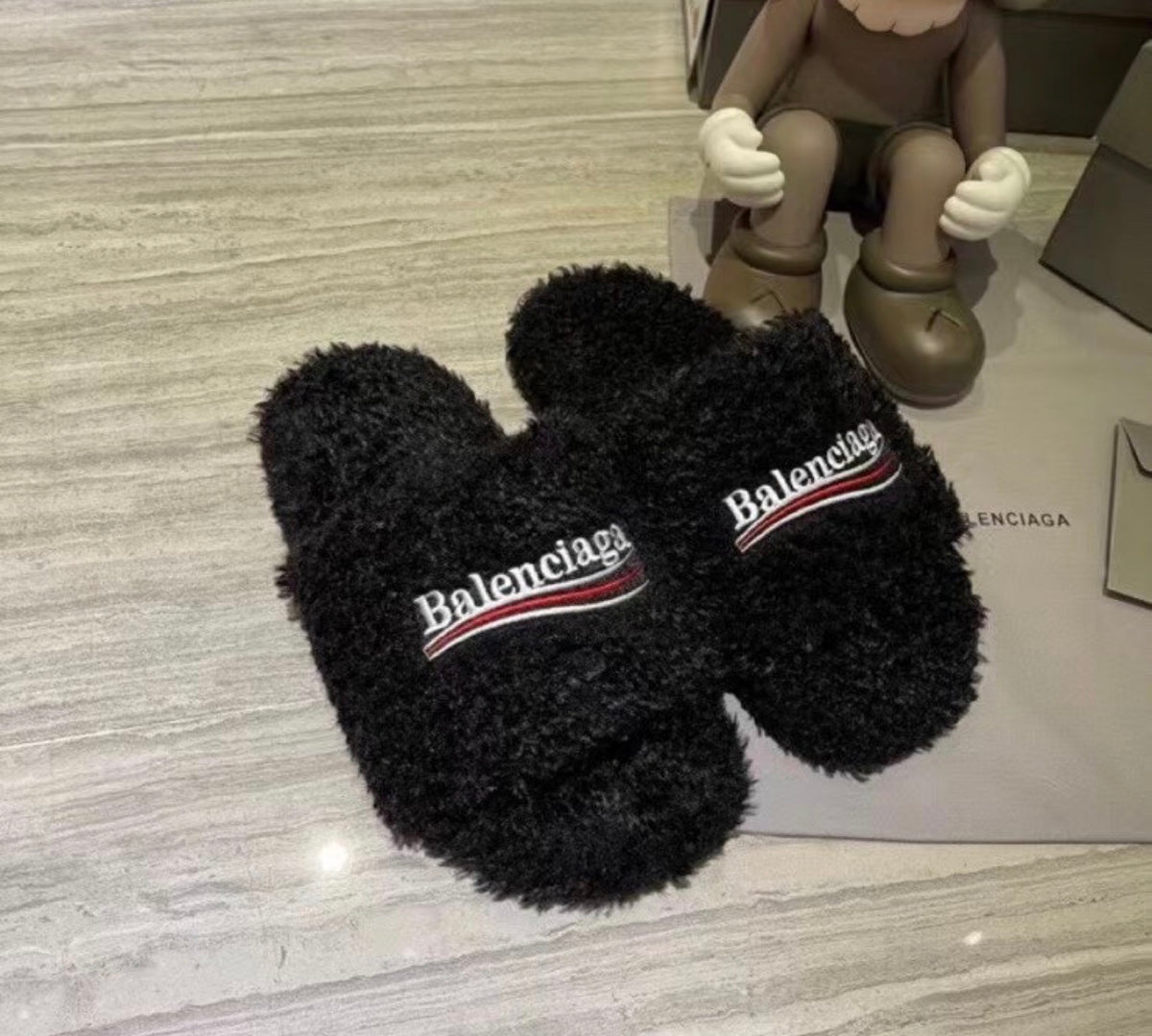 Balenciaga Political Campaign Furry Slide Sandals Black