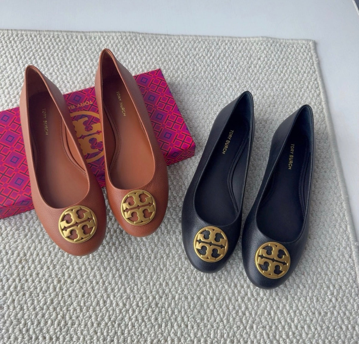 Tory Burch Leather Ballet Flats Gold Double T Logo Medallion